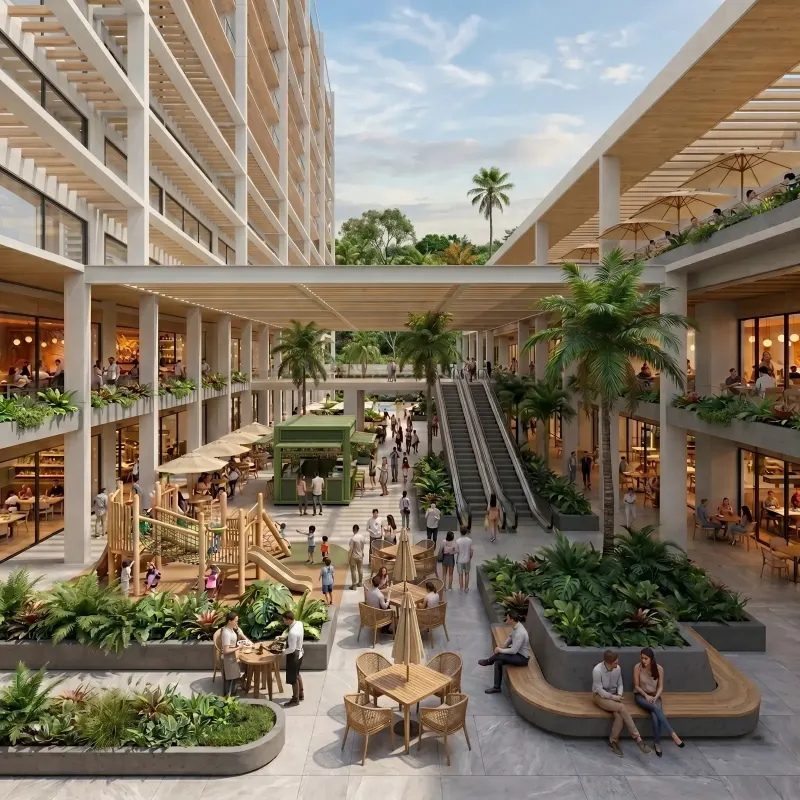Render de una plaza comercial con sus locales